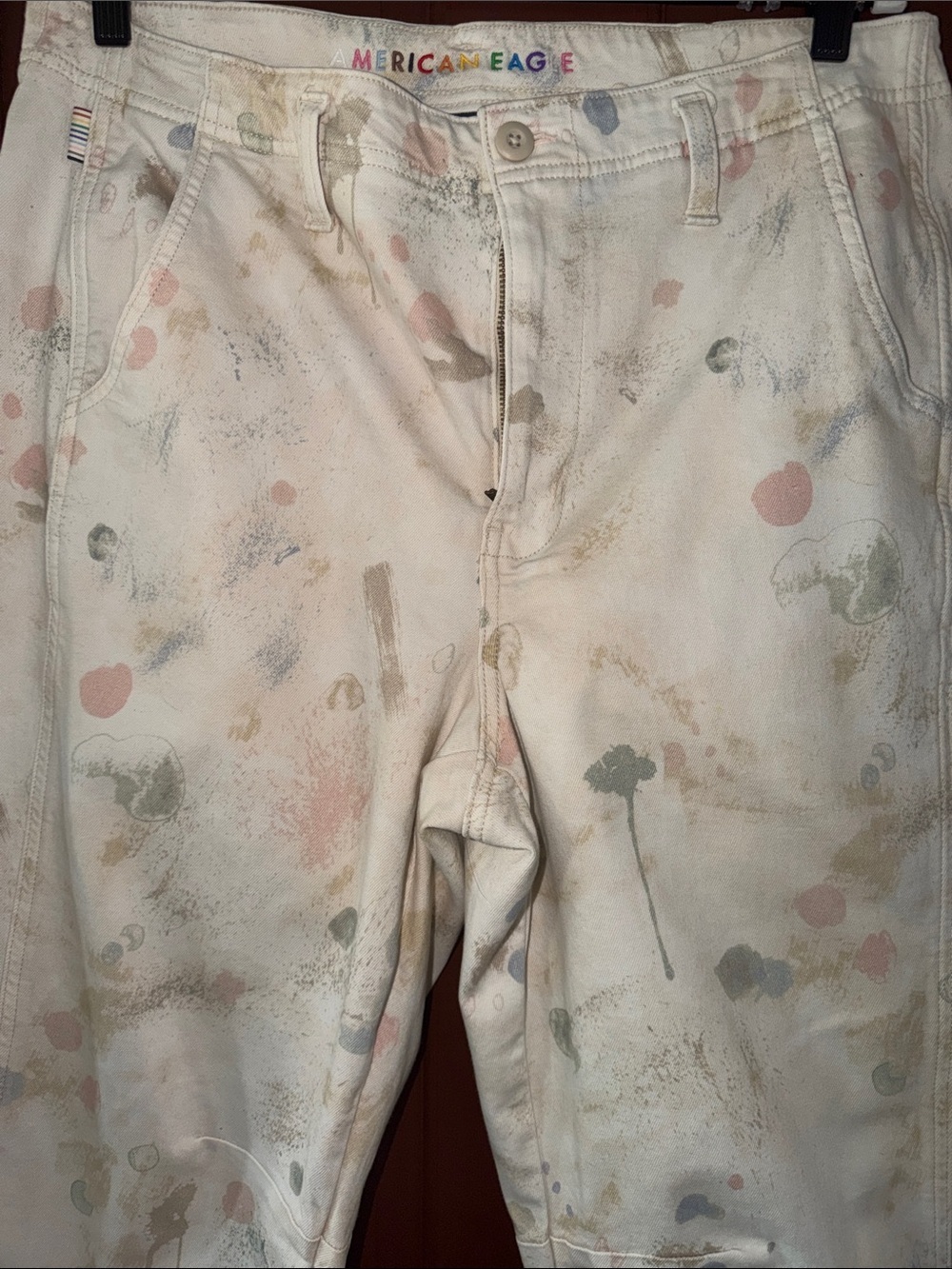 American Eagle Outfitters Cream Wide Leg Jeans with Multicolor Paint Splatter - Picture 3 of 5